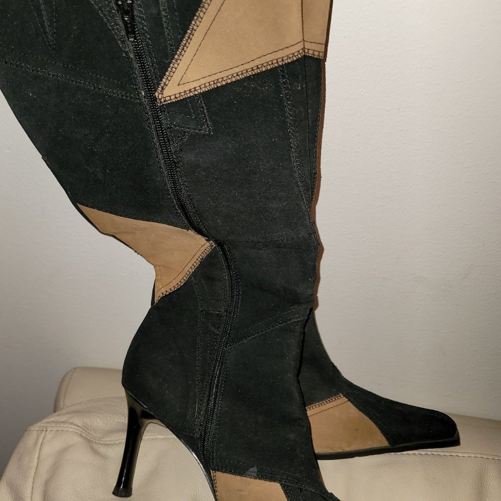 Tall Cloth Patchwork Pointed-Square Toe Boot - Picture 2 of 6